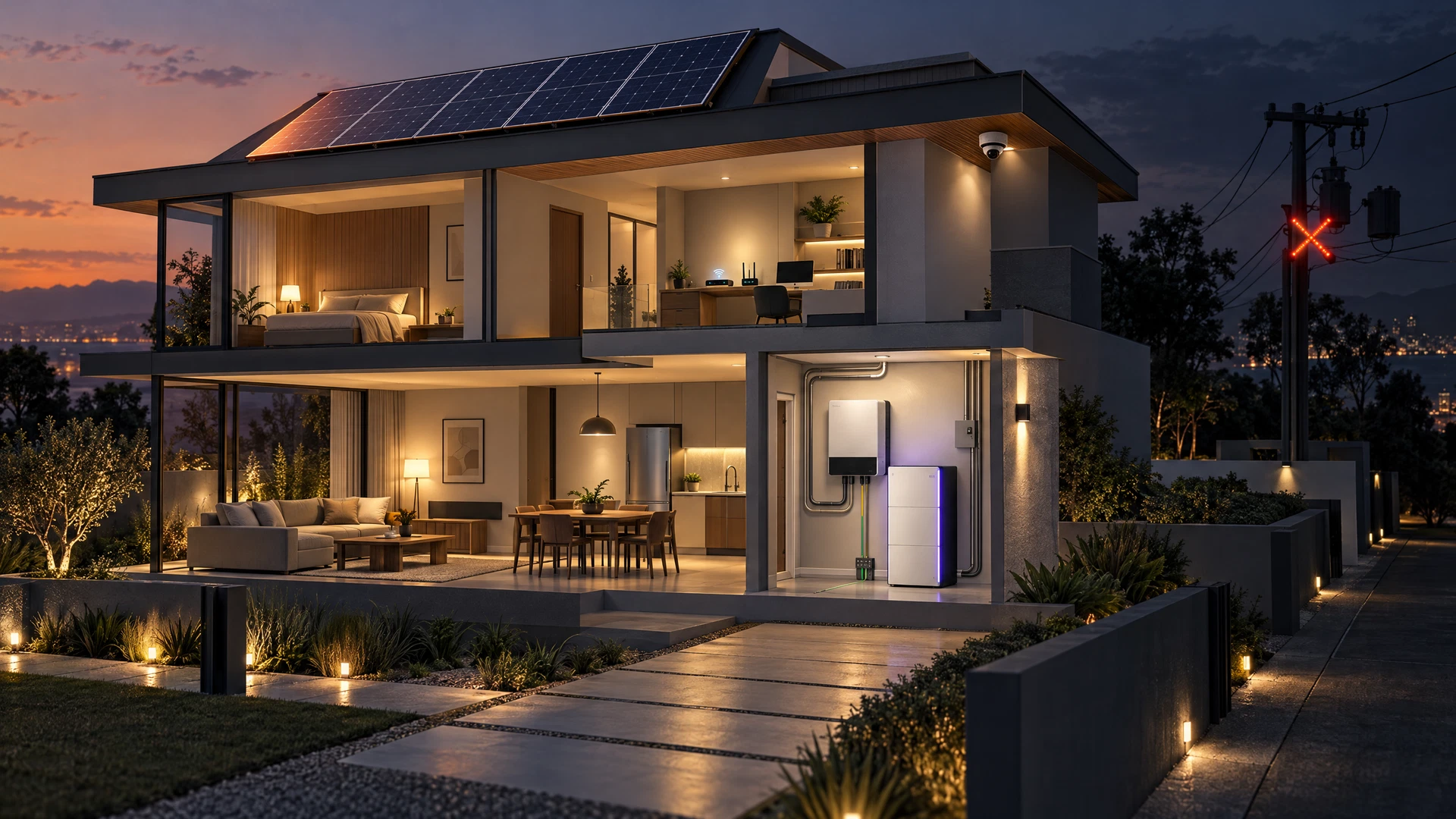 Ilustração editorial de uma casa com painéis solares, inversor híbrido e bateria instalada ao lado, mantendo cargas essenciais durante uma falta de energia.