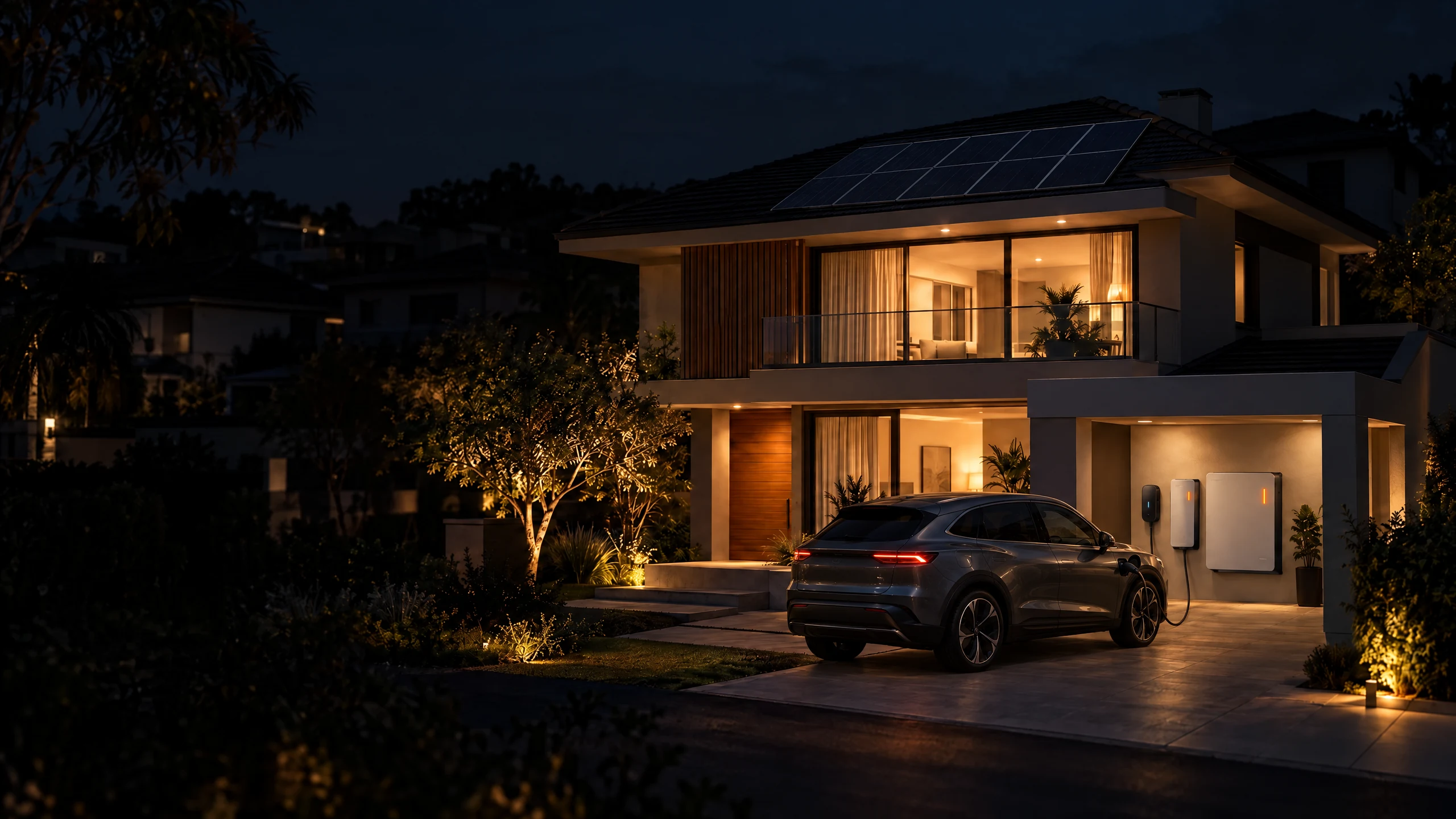 Imagem ilustrativa de casa com energia solar, bateria e veículo elétrico em recarga, em ambiente noturno